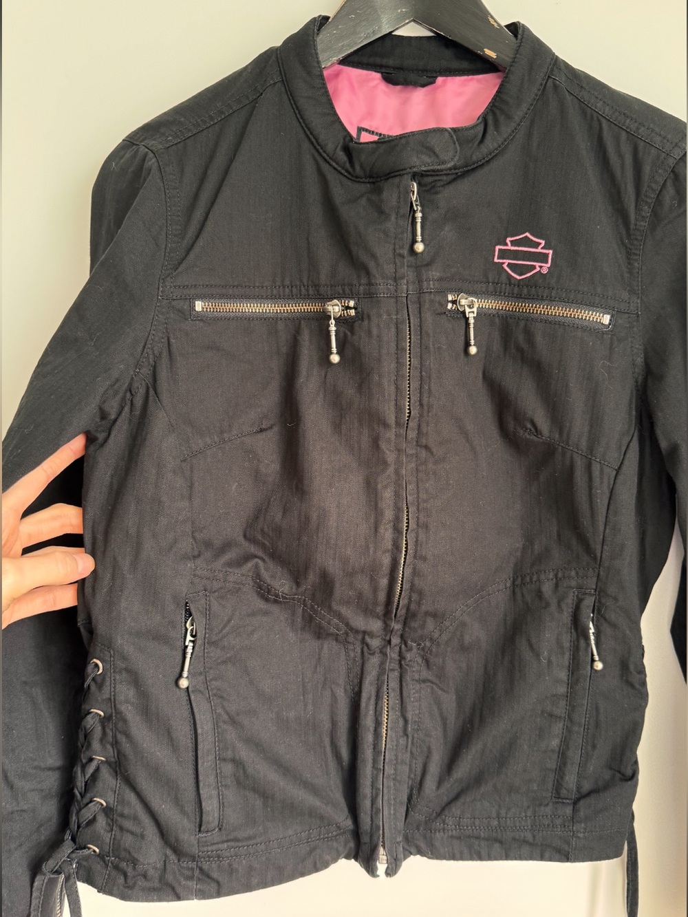 Harley-Davidson Black Cotton Side Lace Up Moto Jacket Pink Script Logo S - Picture 5 of 16